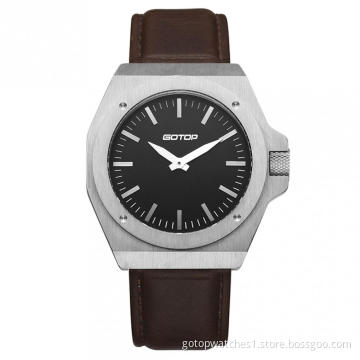 STAINLESS-STEEL MEN'S WATCH WITH BROWN LEATHER STRAP